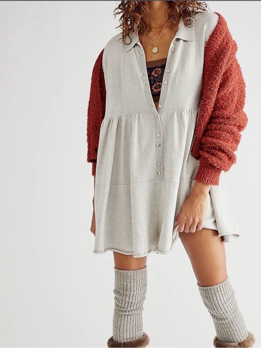 NWOT Free People Easy Kinda Love Statement Romper Grey Bohemian Cozy Small